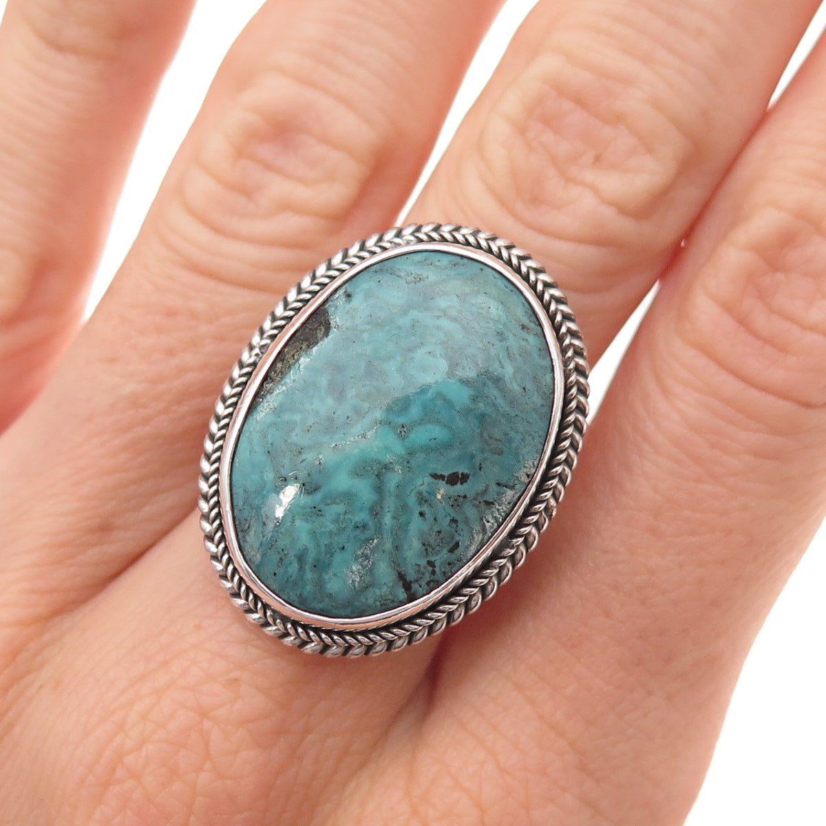 925 Sterling Silver Vintage Real Turquoise Oxidized Ring Size 8