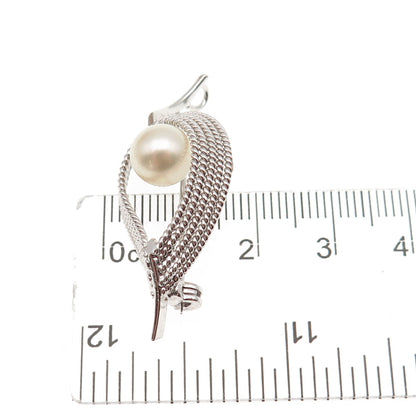 925 Sterling Silver Antique Art Deco Real Pearl Floral Pin Brooch