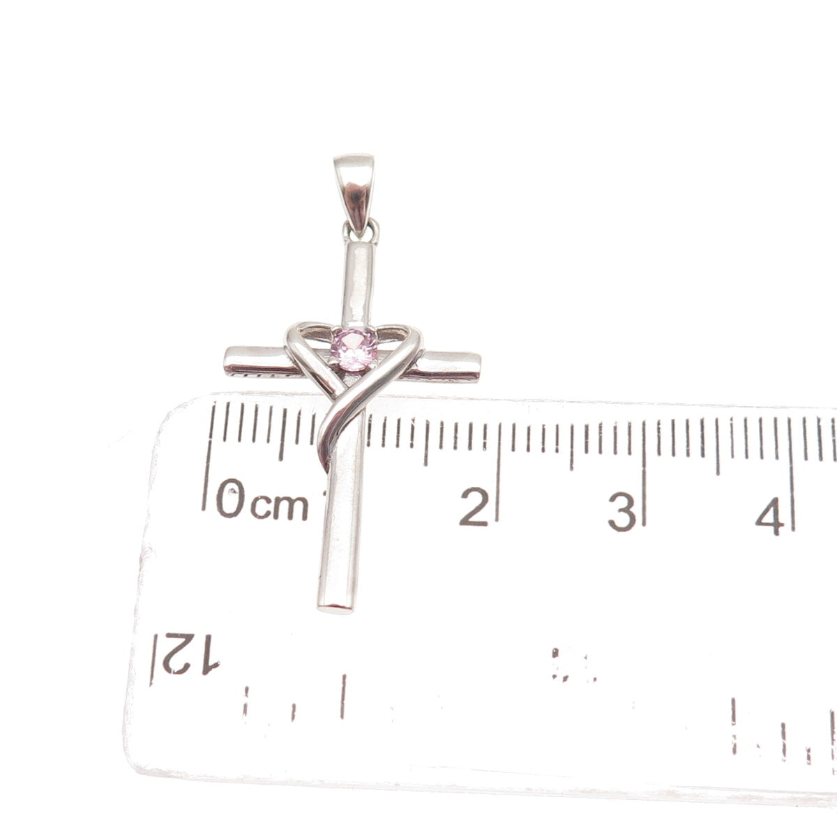 925 Sterling Silver Round-Cut Lavender C Z Heart Cross Charm Pendant