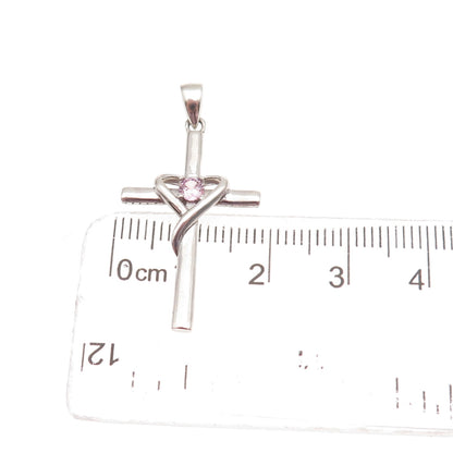 925 Sterling Silver Round-Cut Lavender C Z Heart Cross Charm Pendant