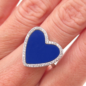 925 Sterling Silver Real Lapis & C Z Heart Ring Size 6.25