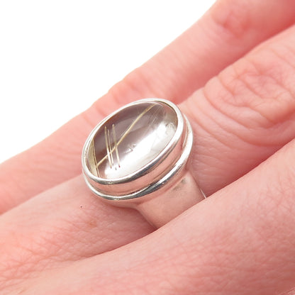 925 Sterling Silver Vintage Real Rutilated Quartz Modernist Ring Size 6