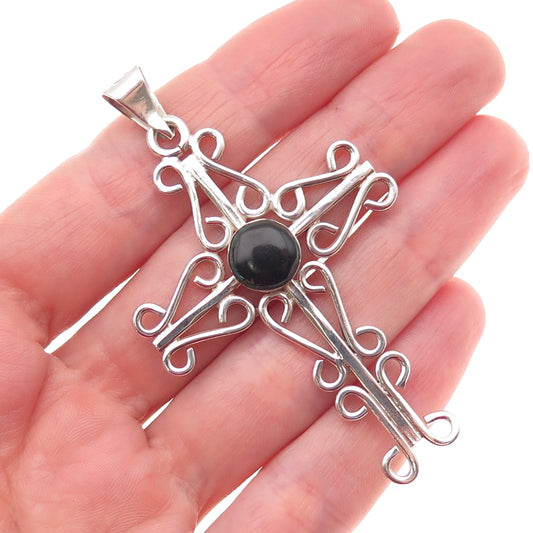 925 Sterling Silver Vintage Mexico Real Black Onyx Ornate Cross Pendant