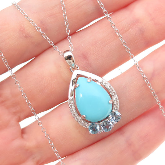 925 Sterling Silver Real Turquoise Blue & White Topaz Cable Chain Necklace 18"
