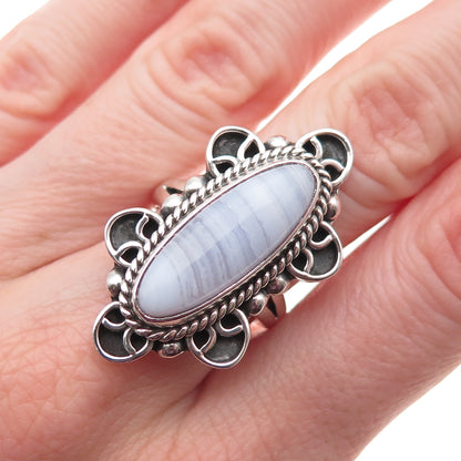 925 Sterling Silver Vintage CII Mexico Real Lace Agate Oxidized Ring Size 7