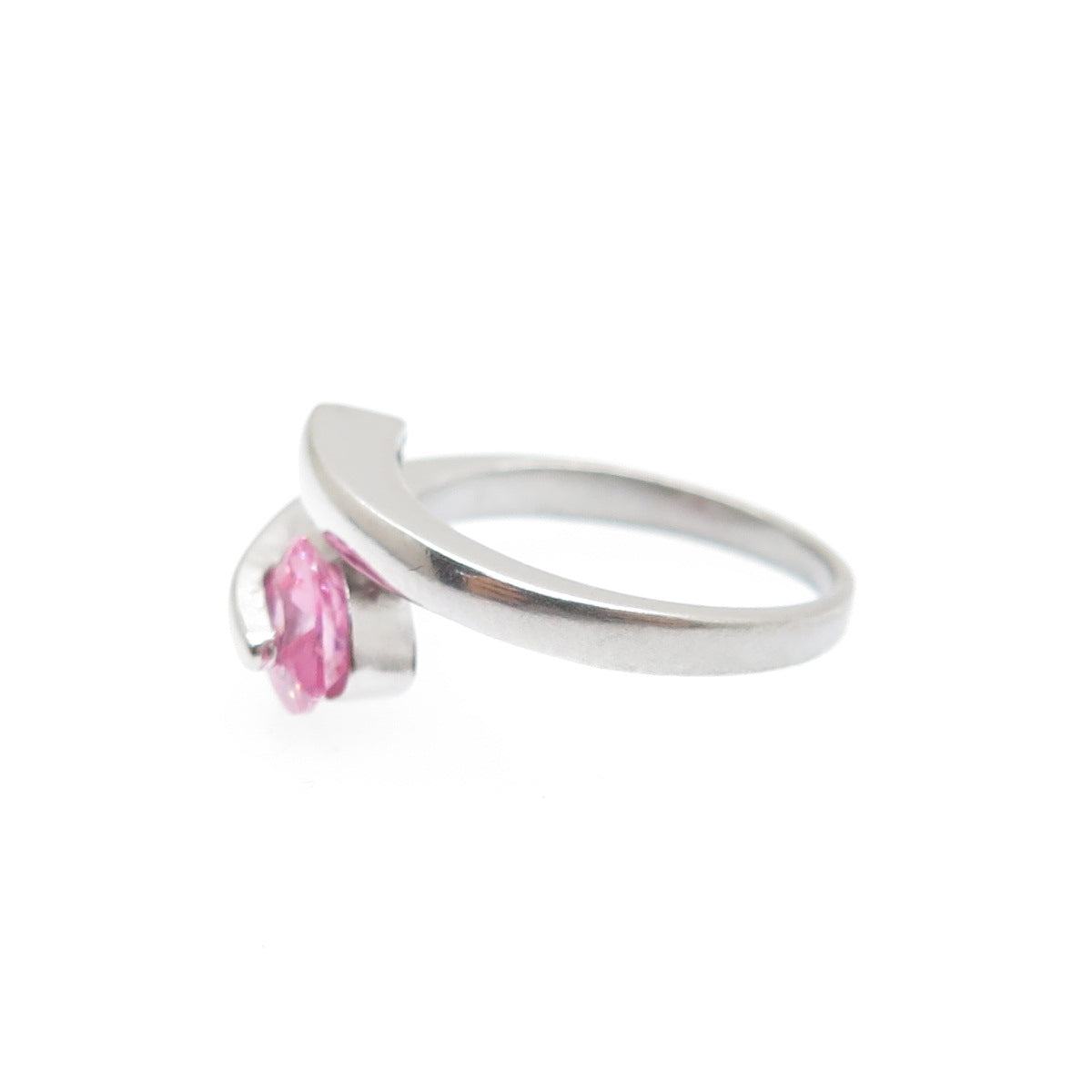 925 Sterling Silver Vintage Heart-Cut Pink C Z Spiral Ring Size 5