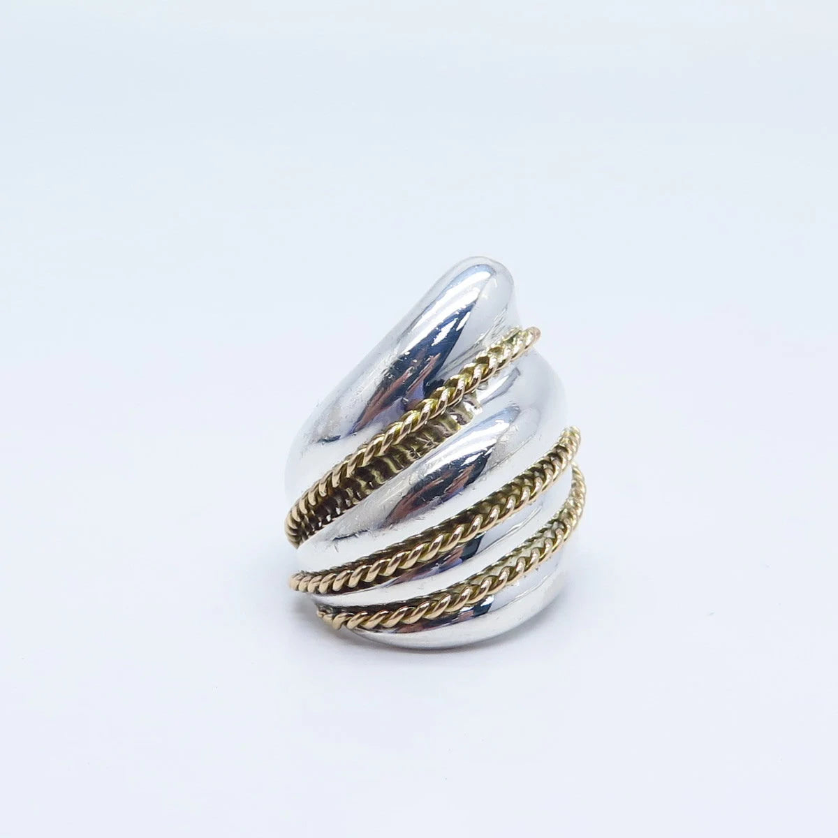 925 Sterling Silver / 14K Gold Vintage Ribbed Statement Ring Size 6.25