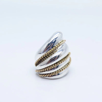 925 Sterling Silver / 14K Gold Vintage Ribbed Statement Ring Size 6.25