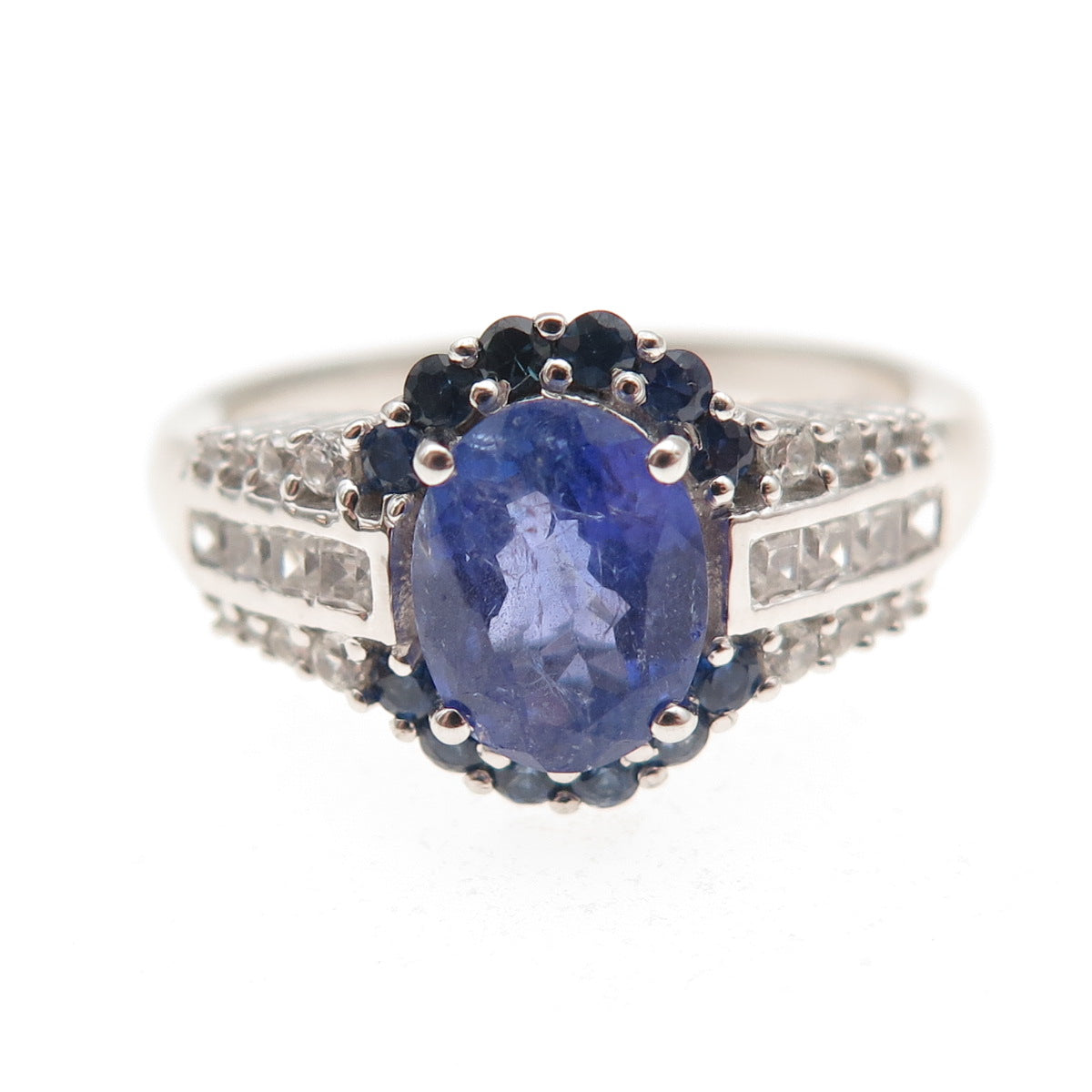 925 Sterling Silver Real Tanzanite Sapphire & White Topaz Ring Size 8