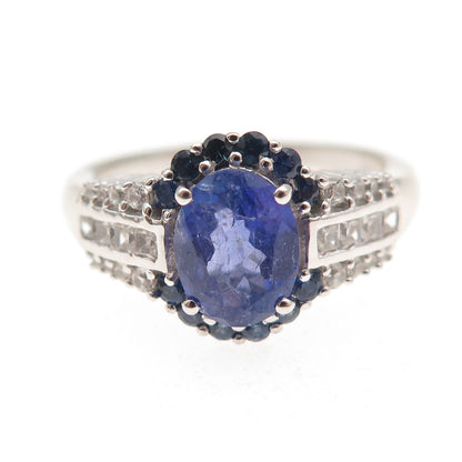 925 Sterling Silver Real Tanzanite Sapphire & White Topaz Ring Size 8
