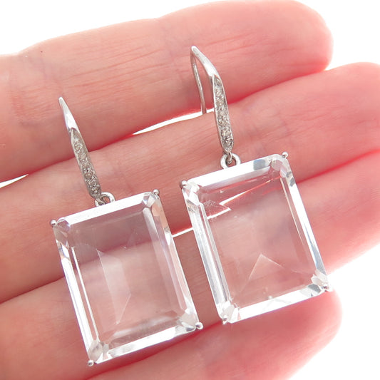 925 Sterling Silver Real Diamond & Emerald-Cut White Topaz Dangle Earrings