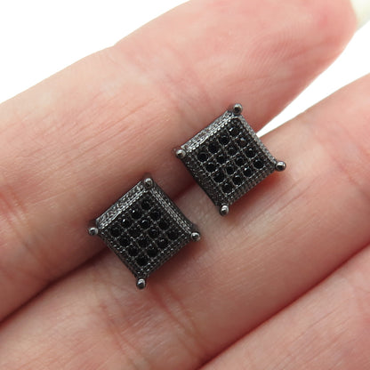 925 Sterling Silver Real Black Spinel Princess Stud Black Rhodium Earrings