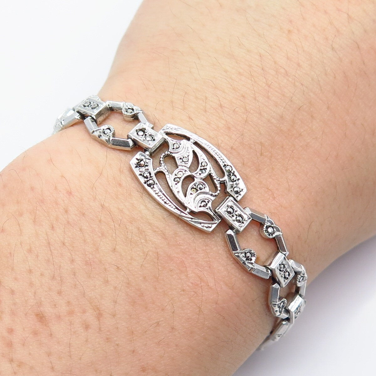 925 Sterling Silver Antique Real Marcasite Gemstone Panel Link Bracelet 7"