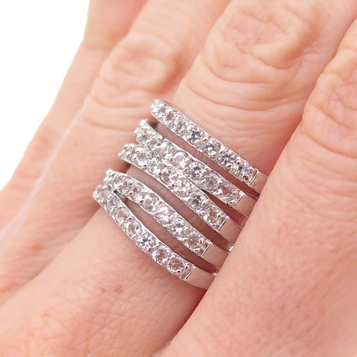 Dee Berkle 925 Sterling Silver Real Round-Cut White Topaz 5-Row Ring Size 7.25