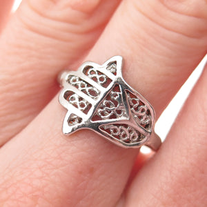 925 Sterling Silver Vintage Hamsa Amulet Filigree Oxidized Ring Size 8.25