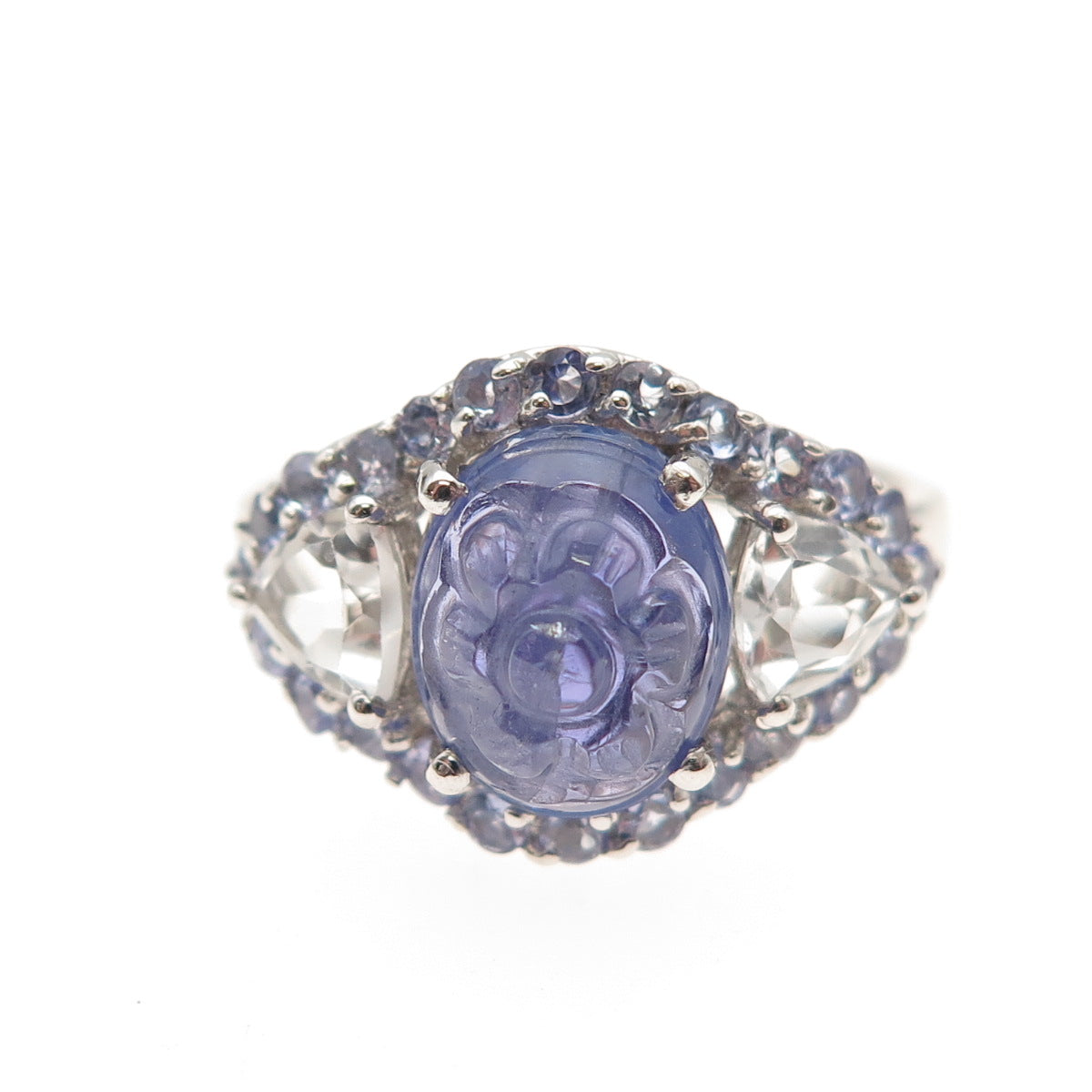 Chuck Clemency 925 Sterling Real Tanzanite & White Topaz Floral Ring Size 8.25