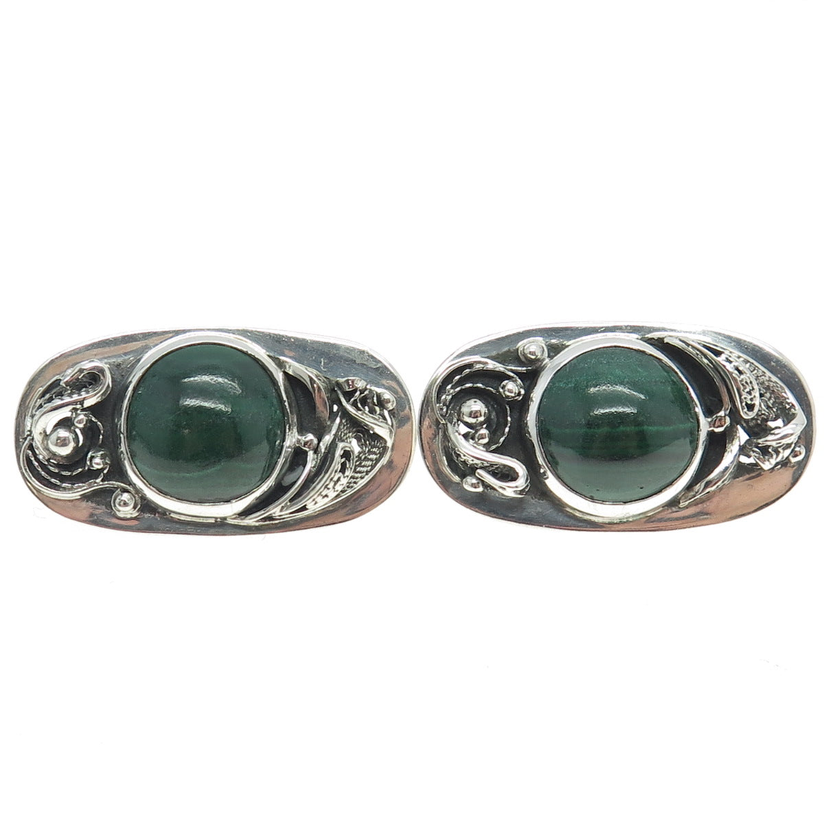 925 Sterling Silver Vintage Real Malachite Modernist Filigree Earrings