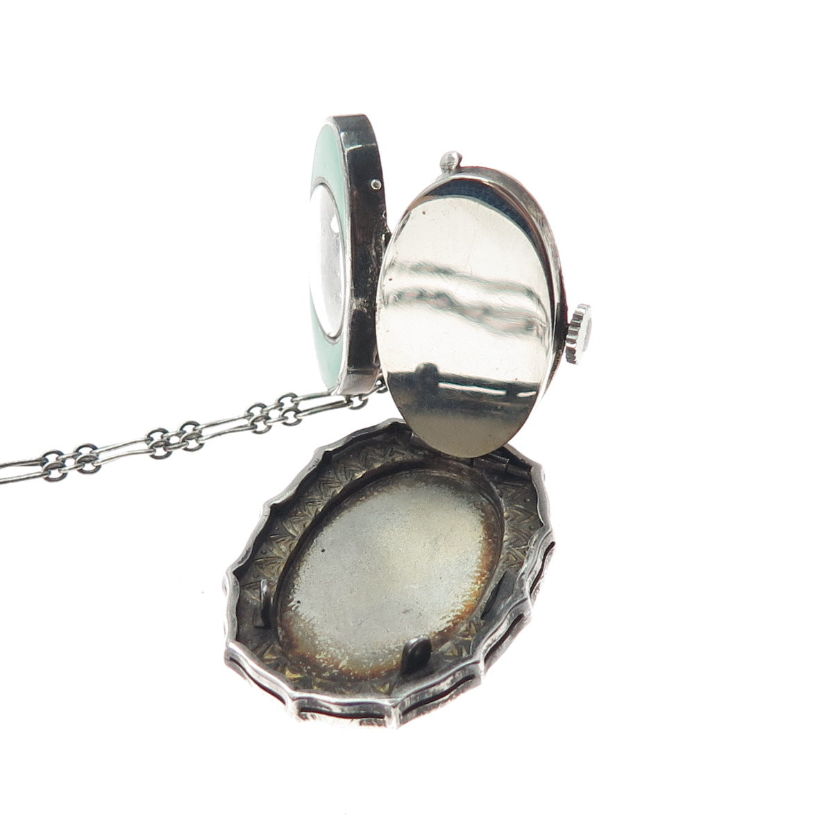 Hallwatch Sterling Antique Enamel Marcasite Swiss 15 Jewels Watch Necklace 24"