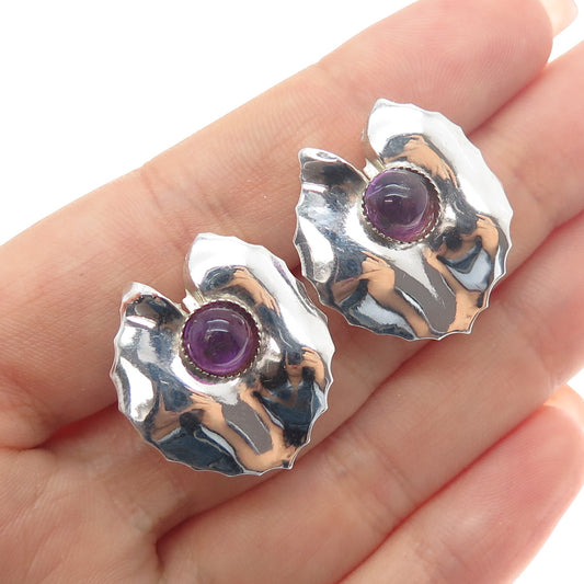 925 Sterling Silver Antique Art Deco Real Amethyst Floral Screw Back Earrings