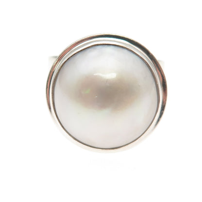 925 Sterling Silver Vintage Real Pearl Modernist Oxidized Ring Size 9.25