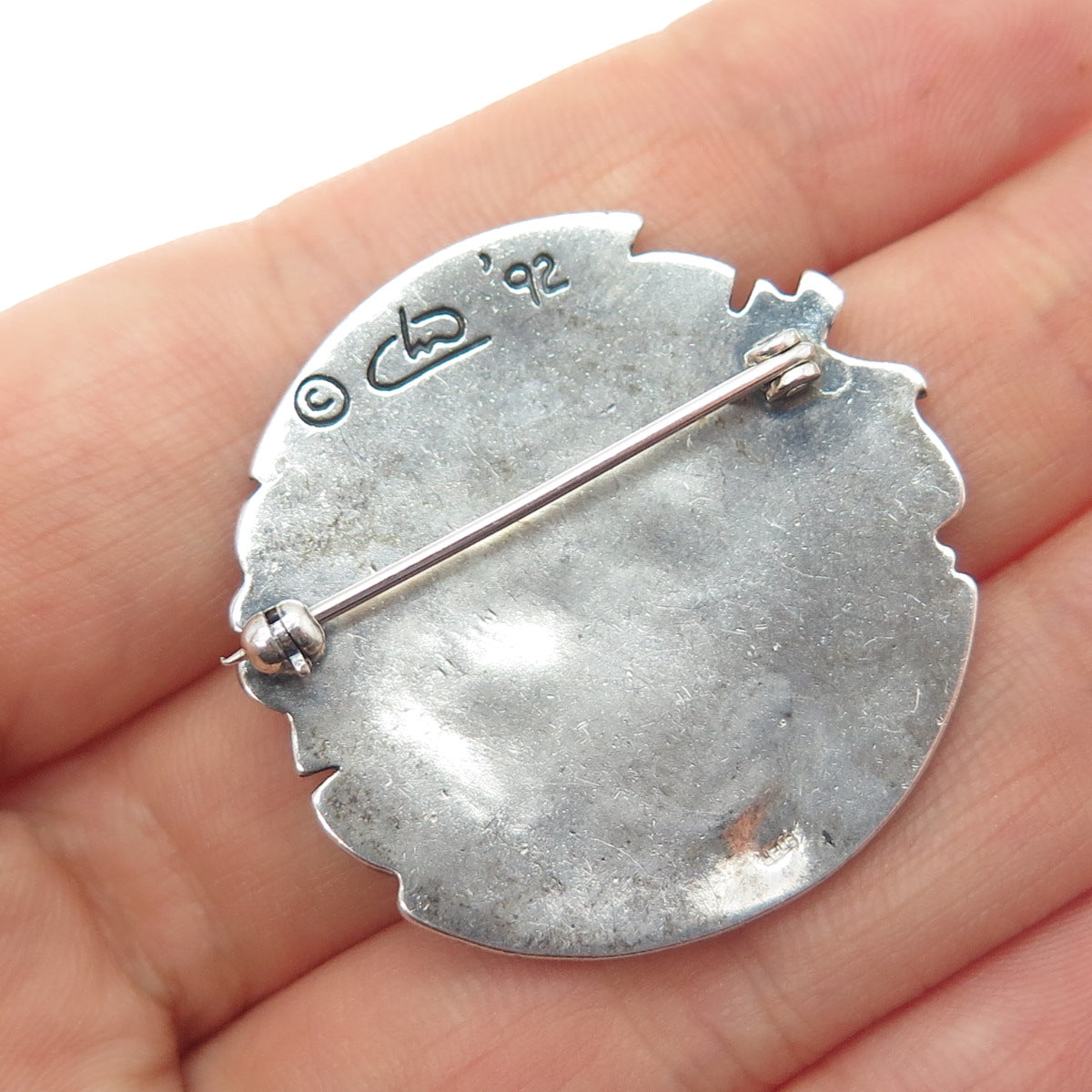 925 Sterling Silver Vintage 1992 Modernist Flower Oxidized Pin Brooch