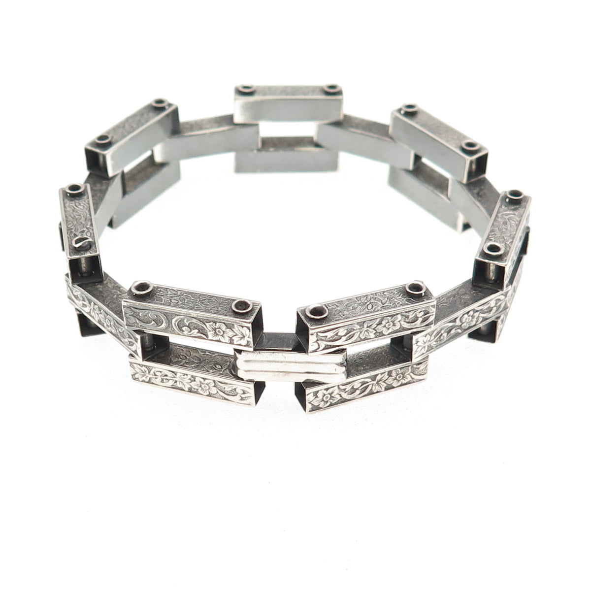 925 Sterling Silver Antique Art Deco Forget Me Not Oxidized Bracelet 7"