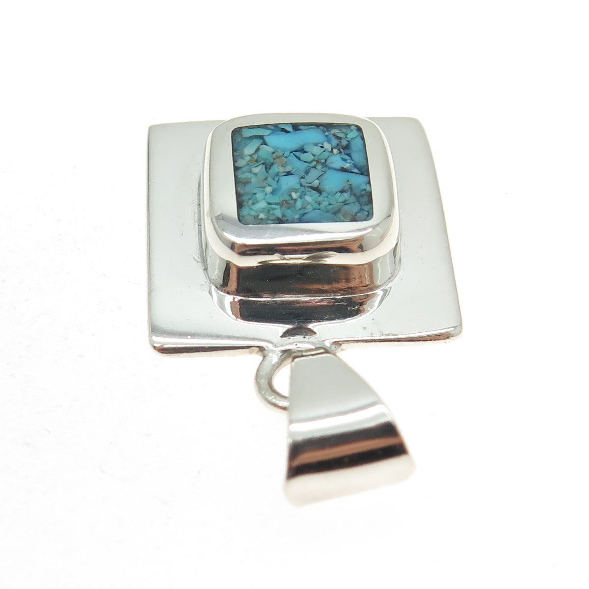 925 Sterling Silver Vintage Mexico Real Turquoise Inlay Square Pendant