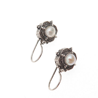 Gerochristo Sterling Silver Vintage Greece Real Pearl Oxidized Dangle Earrings