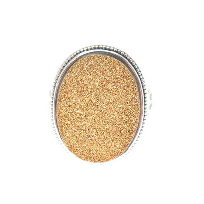 925 Sterling Silver Real Oval-Cut Gold Druzy Ornate Ring Size 5.25