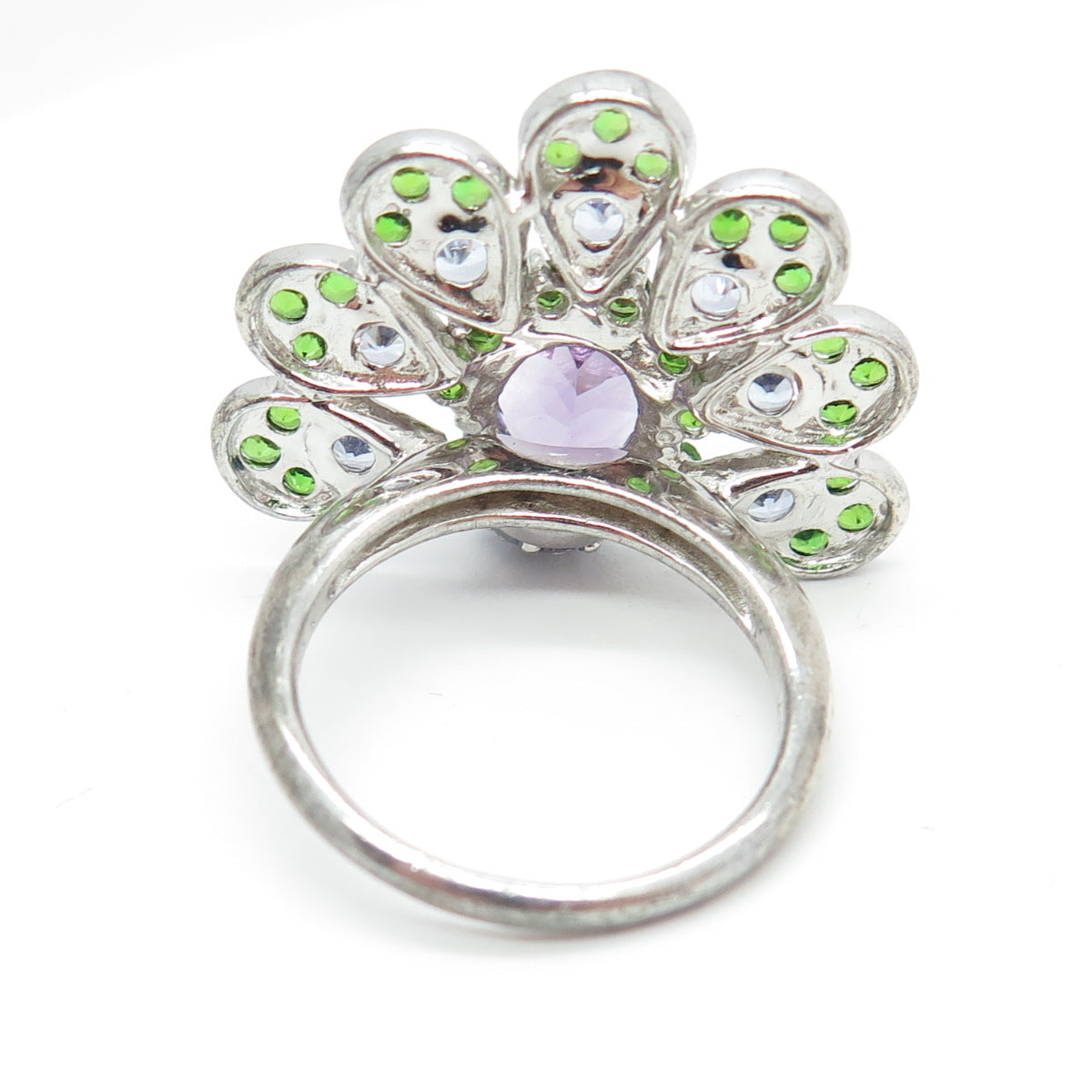 925 Sterling Silver Real Amethyst & Peridot Gemstone Peacock Ring Size 8