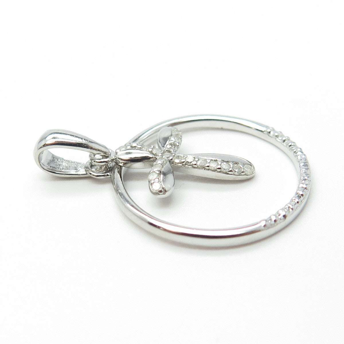 925 Sterling Silver Real Round-Cut White Diamond Cross Circle Pendant