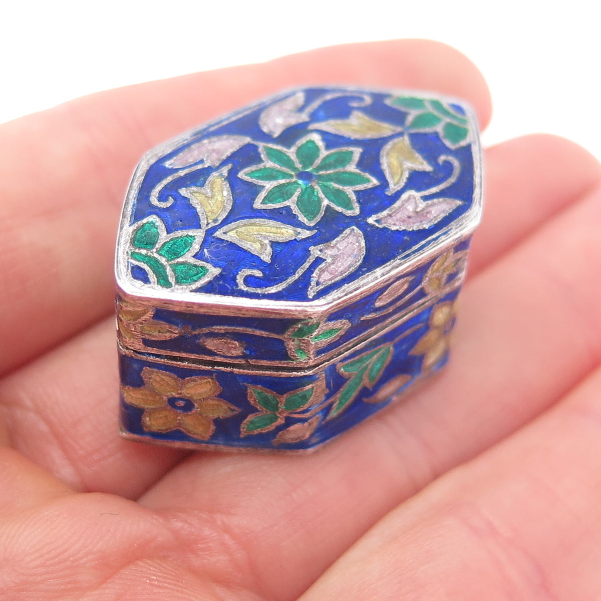 925 Sterling Silver Vintage Enamel Flower Pill / Snuff Box