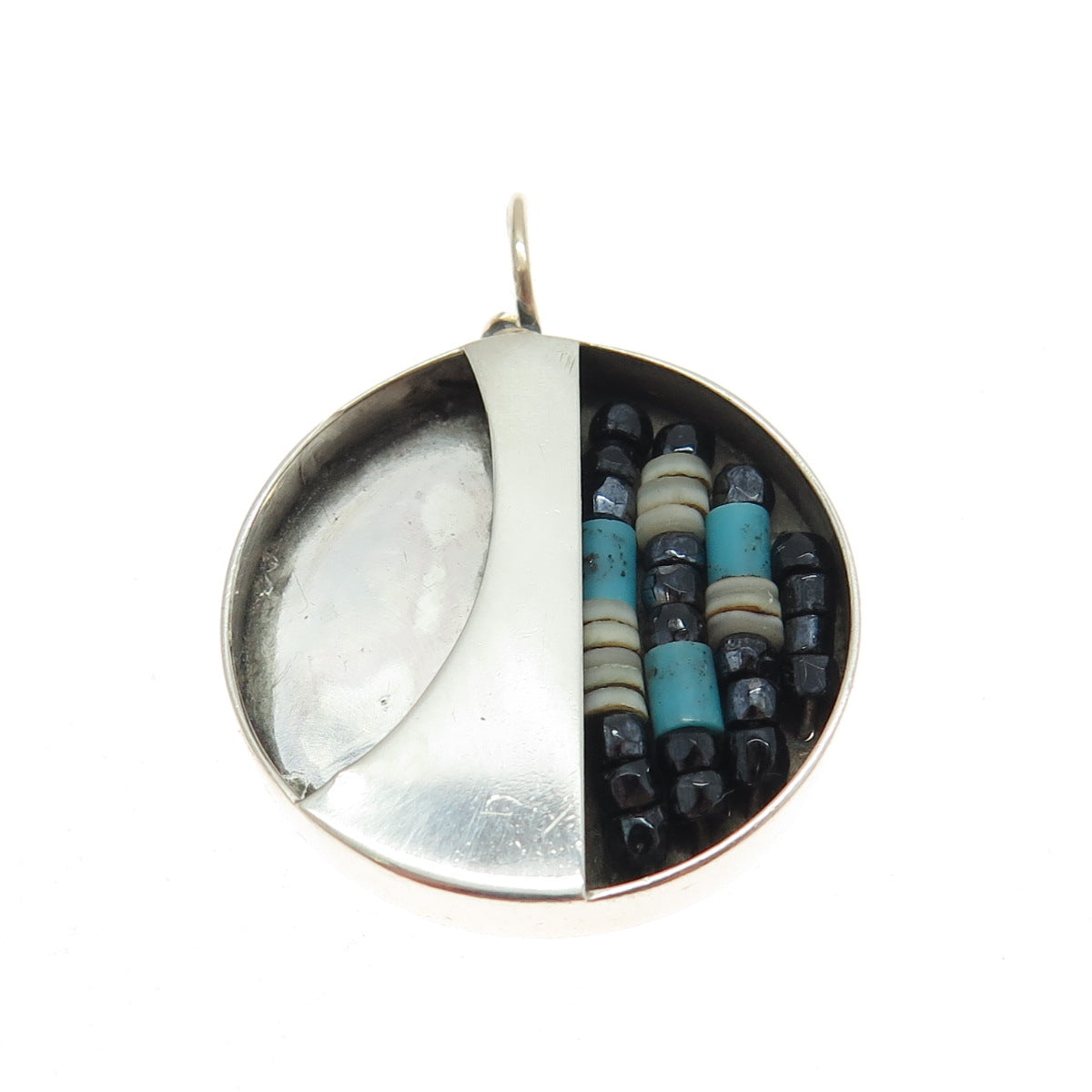 JOHNSON LARGO Old Pawn 925 Sterling Silver Turquoise White & Black Onyx Pendant