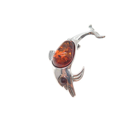 925 Sterling Silver Vintage Real Amber Dolphin Oxidized Pin Brooch