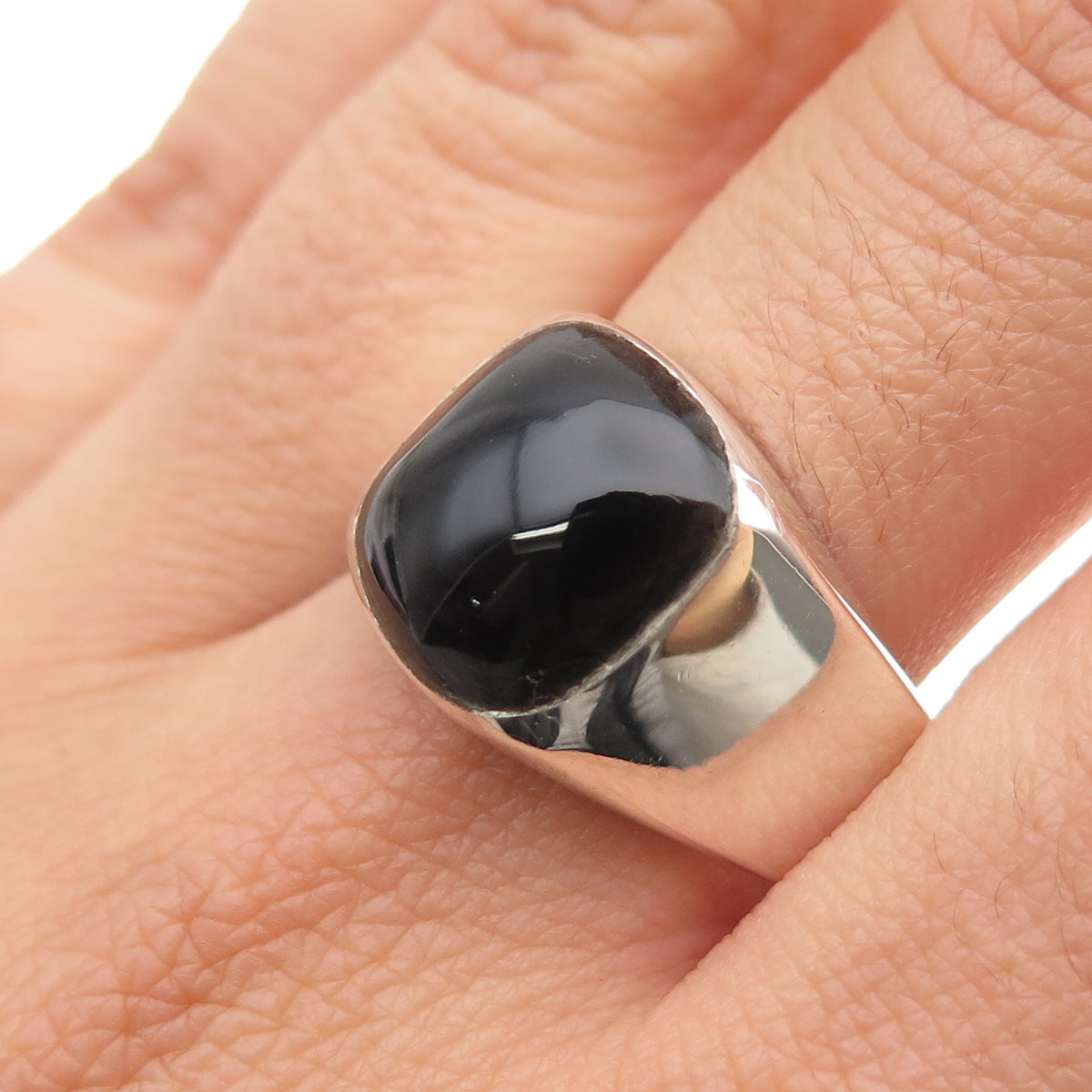 925 Sterling Silver Vintage Mexico Real Black Onyx Modernist Ring Size 12