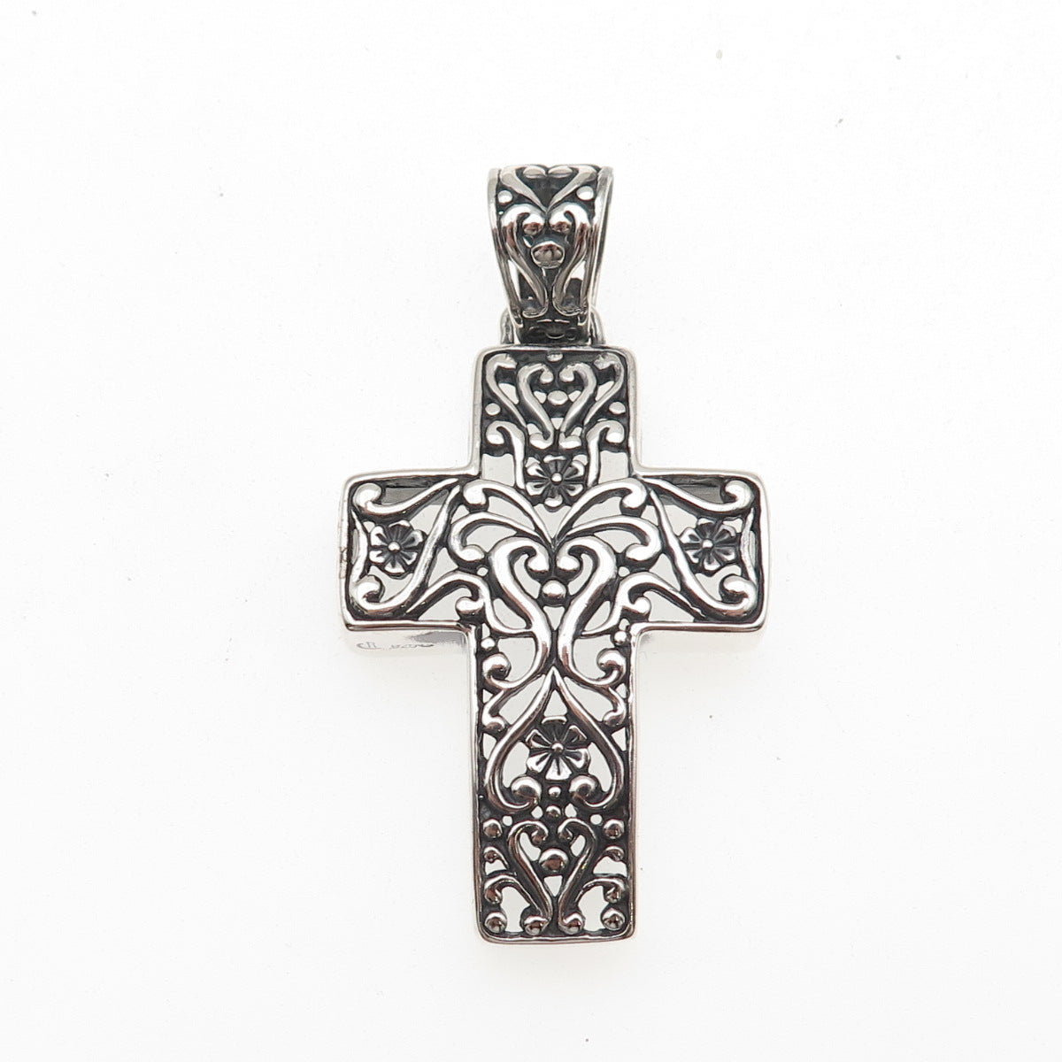 Carolyn Pollack 925 Sterling Silver Vintage Floral Ornate Cross Oxidized Pendant