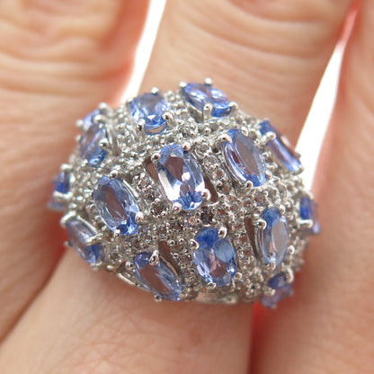 925 Sterling Silver Real Oval-Cut Tanzanite & Round-Cut White Topaz Ring Size 7