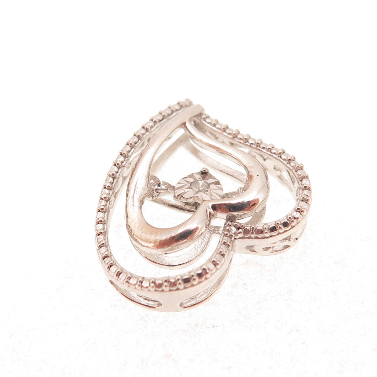 Sai 925 Sterling Silver Real Round-Cut Diamond Heart Slide Charm Pendant