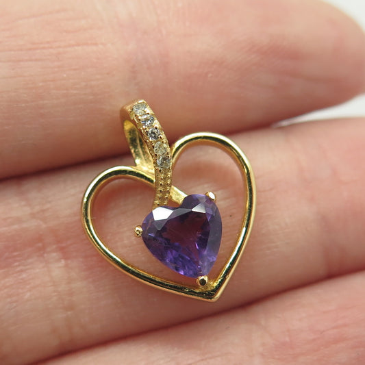 HAN 925 Sterling Silver Gold Plated Real Amethyst & White Topaz Heart Pendant