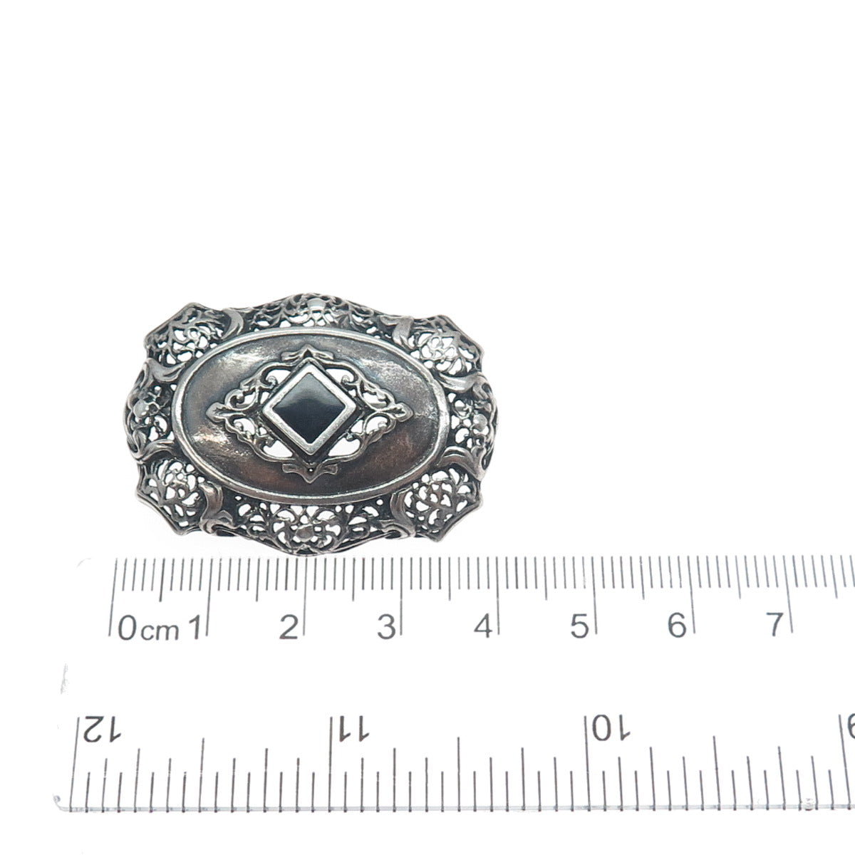 925 Sterling Silver Vintage Real Black Onyx Floral Oxidized Pin Brooch