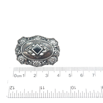 925 Sterling Silver Vintage Real Black Onyx Floral Oxidized Pin Brooch