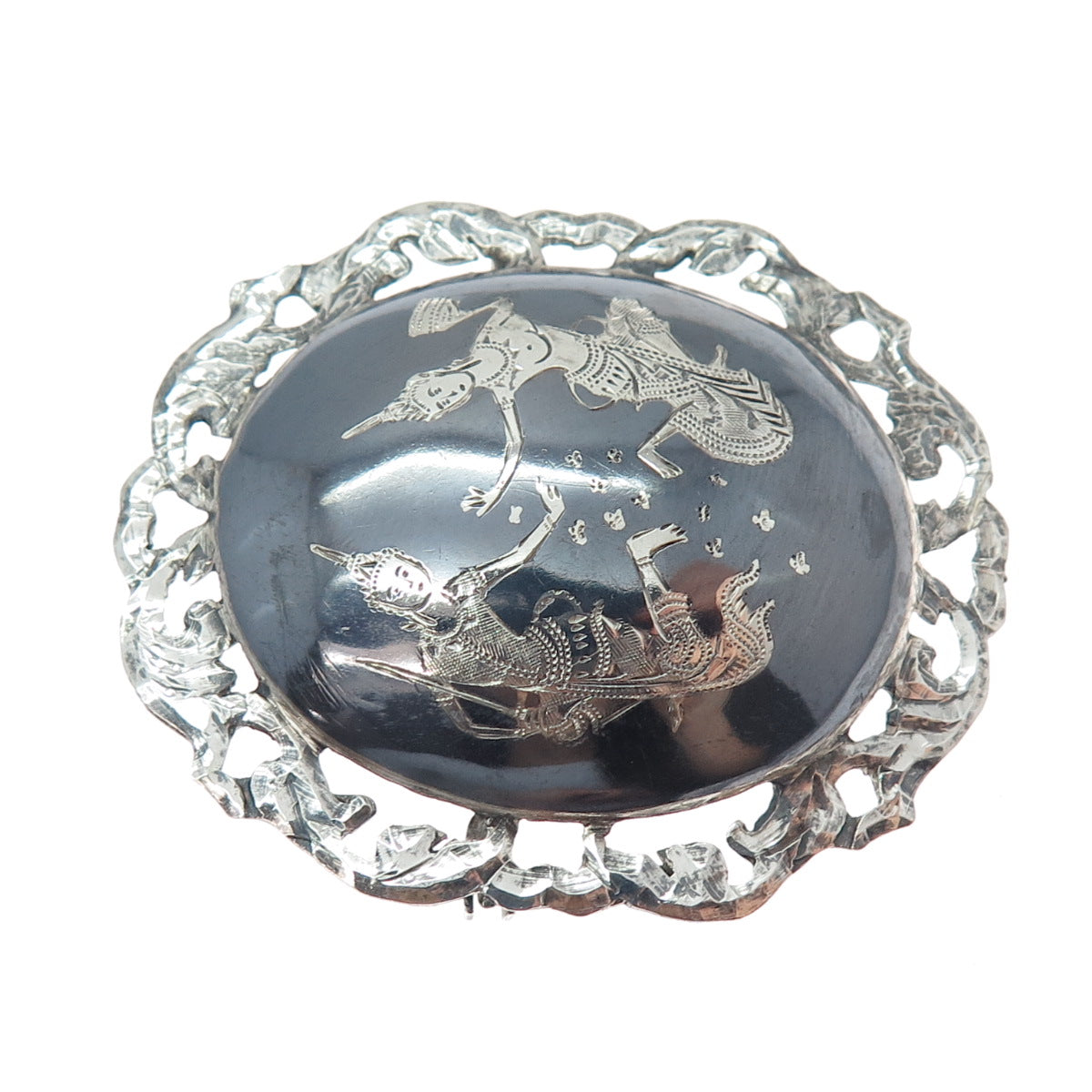 925 Sterling Silver Antique Siam Niello Hindu Goddess Pin Brooch