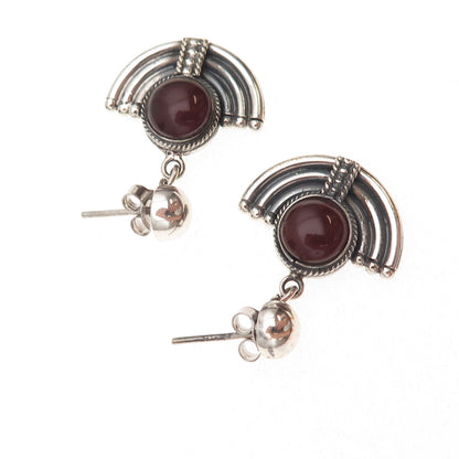 925 Sterling Silver Vintage Real Carnelian Modernist Oxidized Dangle Earrings