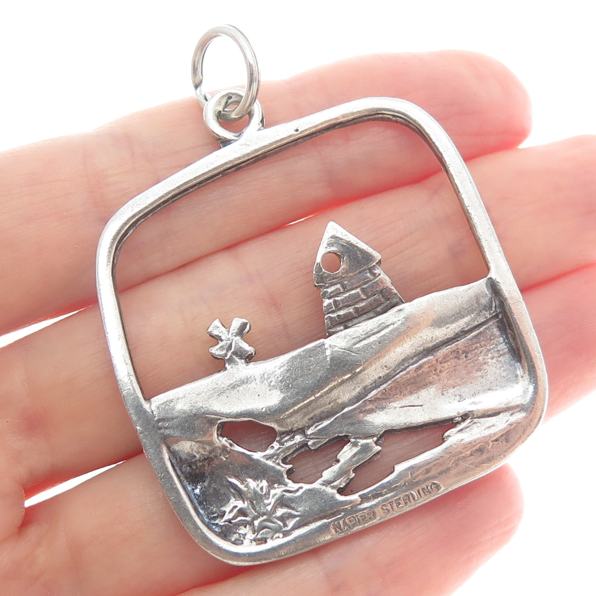 NAPIER 925 Sterling Silver Vintage Windmill & Lighthouse Oxidized Pendant