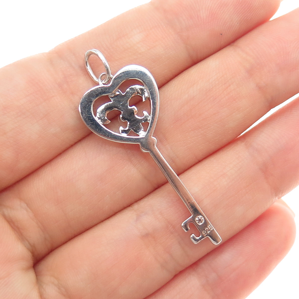 925 Sterling Silver Real Round-Cut Diamond Fleur de Lis Key Charm Pendant