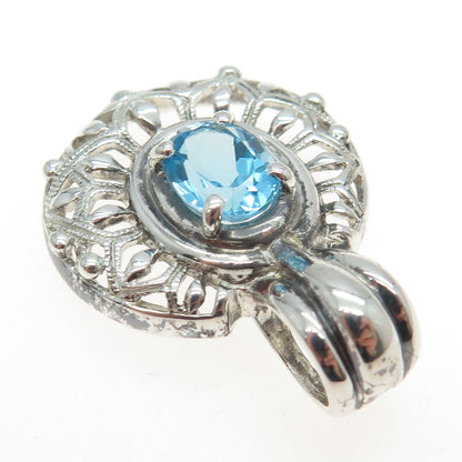 925 Sterling Silver Real Oval-Cut Blue Topaz Ornate Pendant