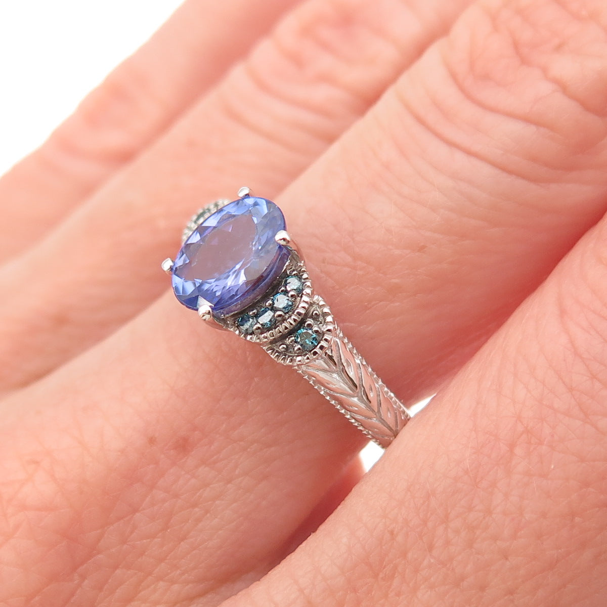 925 Sterling Silver Real Blue Diamond & Tanzanite Ring Size 8