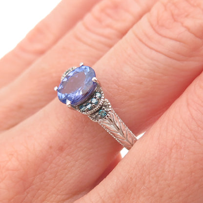925 Sterling Silver Real Blue Diamond & Tanzanite Ring Size 8