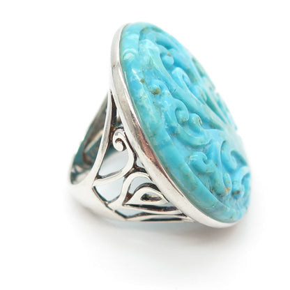 925 Sterling Silver Vintage Real Carved Mountain Turquoise Statement Ring Size 6