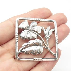 925 Sterling Silver Vintage Floral Blossom Square Pin Brooch